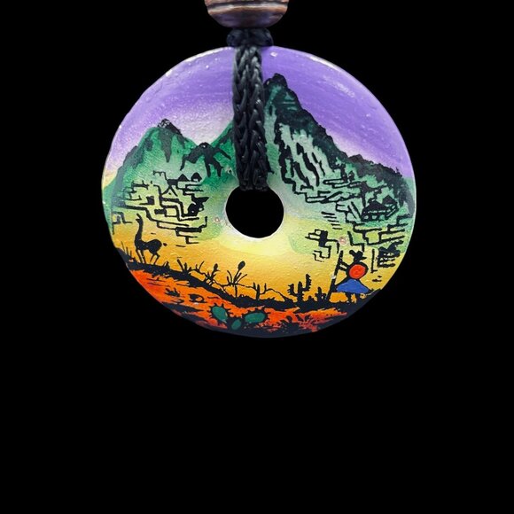 Boho Hand Painted Tribal Necklace Donut Pendant Cord Adjustable Festival Art - Picture 3 of 7